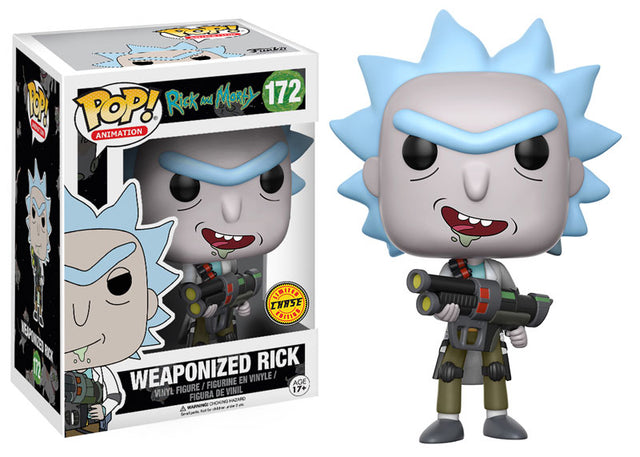 Funko Pop! figure of Weaponized Rick from Rick and Morty with damaged paint, collectible toy from Shak's Pop Shop.