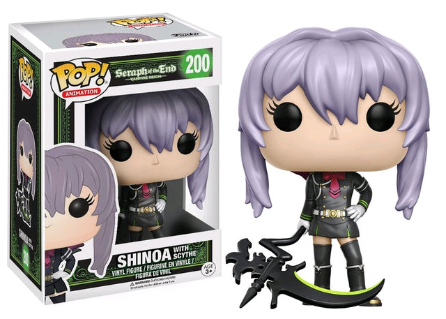 Funko Pop! figure of Shinoa from Seraph of the End holding a scythe, GameStop exclusive, by Shak's Pop Shop.