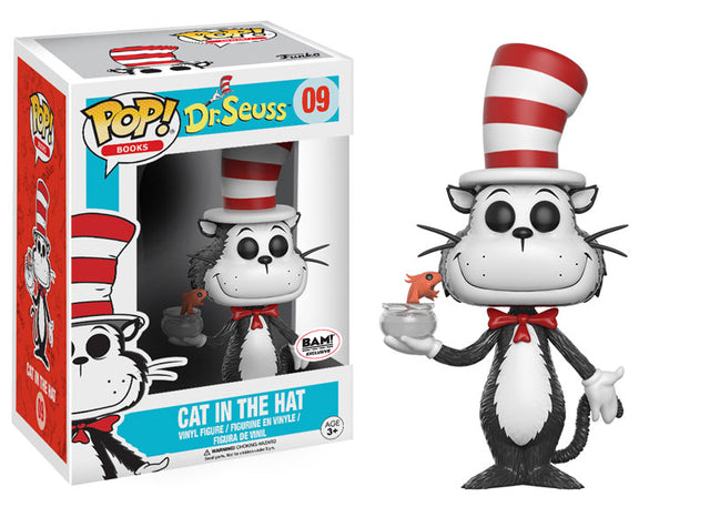 Funko Pop! figure of the Cat In The Hat with fish bowl from Dr. Seuss, featuring minor box imperfection and no sticker.