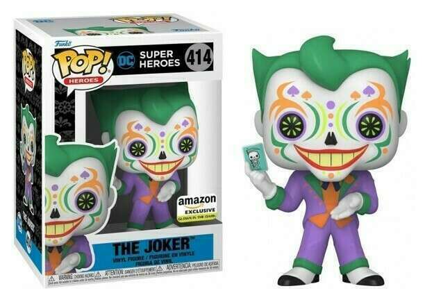 Funko Pop! DC Dia De Los Joker glow-in-the-dark figure from Shak's Pop Shop, featuring Joker in Día de Los Muertos style.