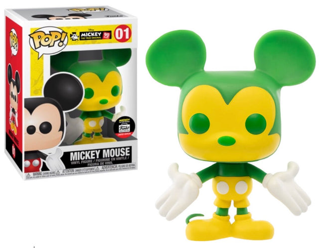 Funko Pop! figure of Disney Mickey Mouse in green and yellow, exclusive to Funko Shop, from Shak's Pop Shop.