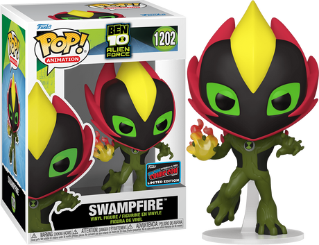 Funko Pop! Animation Ben 10 Alien Force Swampfire figure with NYCC con sticker, featuring detailed design and vibrant colors.