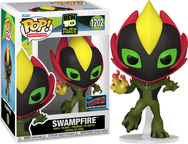 Funko Pop! Animation Ben 10 Alien Force Swampfire figure with NYCC con sticker, featuring detailed design and vibrant colors.