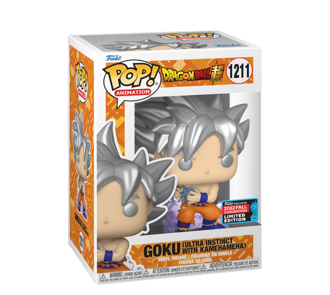 Funko Pop! Animation Dragon Ball Z Ultra Instinct Goku with Kamehameha figure, NYCC shared exclusive, detailed collectible toy.