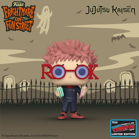 Funko Pop! Animation Yuji Itadori with glasses figure from Jujutsu Kaisen, featuring NYCC con sticker, by Shak's Pop Shop.