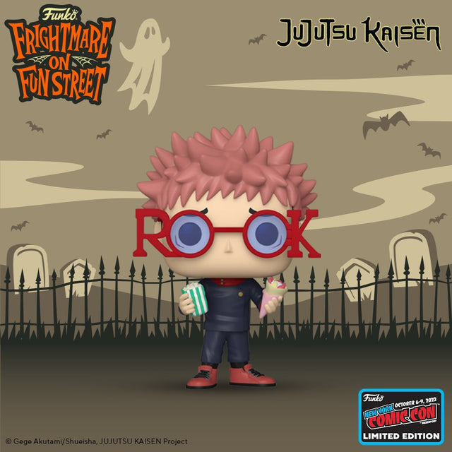 Funko Pop! Animation Yuji Itadori with glasses figure from Jujutsu Kaisen, featuring NYCC con sticker, by Shak's Pop Shop.