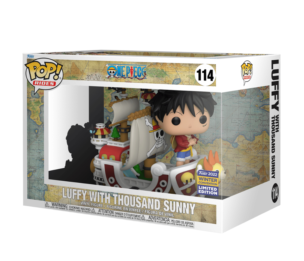 Funko Pop! Animation Luffy with Thousand Sunny figure from One Piece, displayed in box with detailed character design.