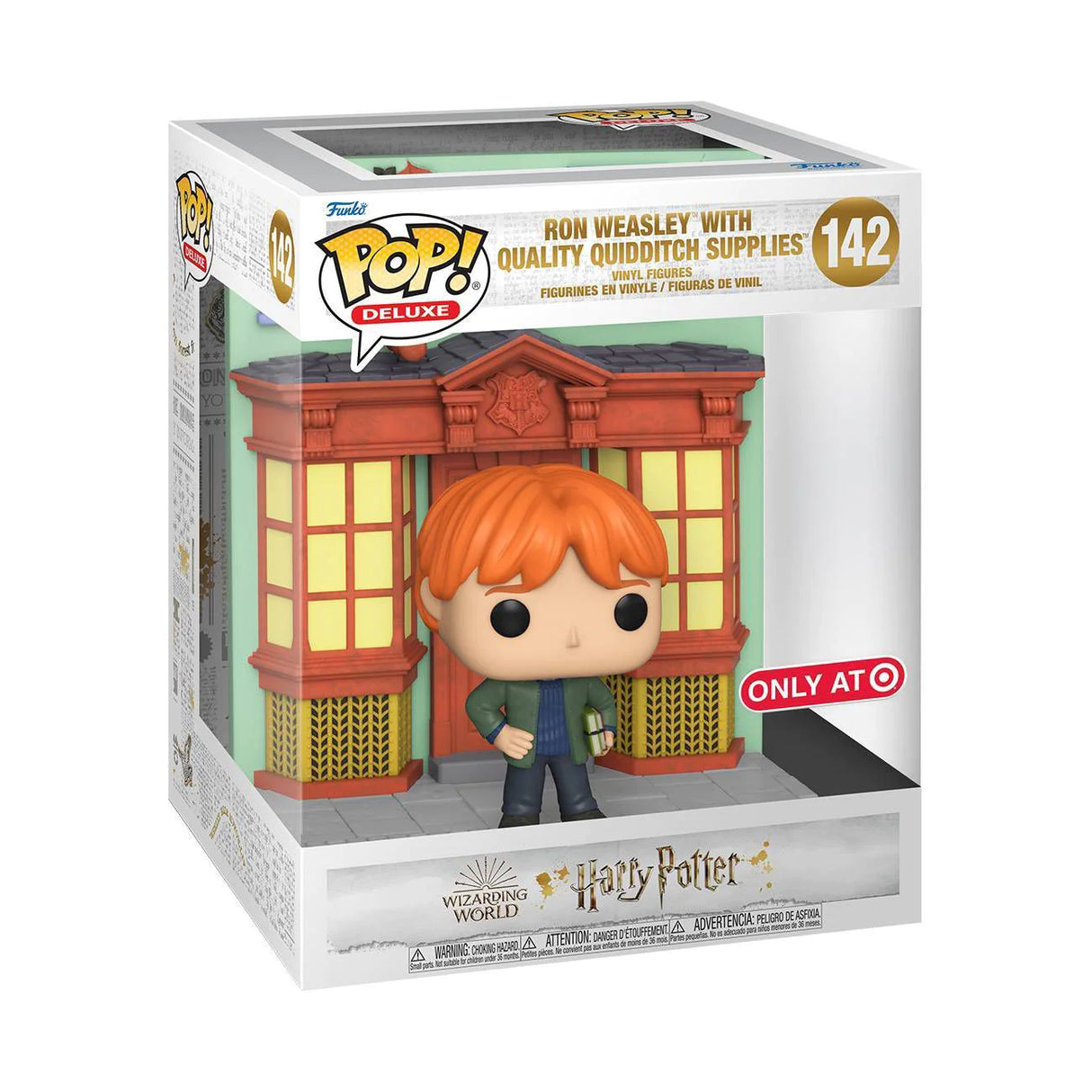 Funko Pop! Deluxe Harry Potter Ron Weasley with Quidditch supplies figure from Diagon Alley, showing Ron in Quidditch gear with accessories.