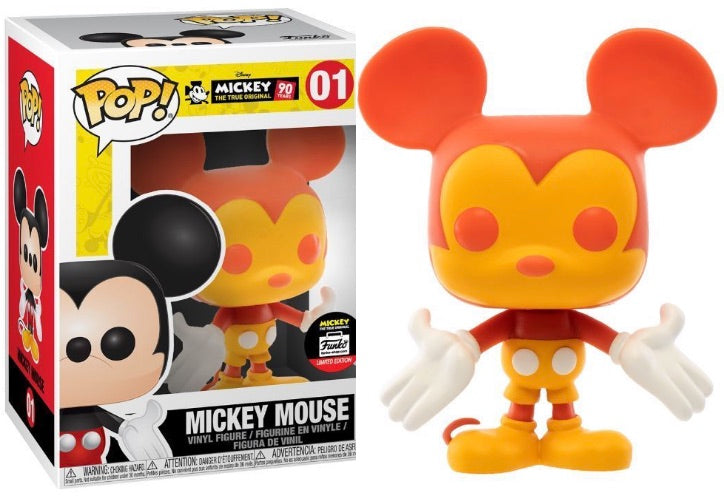Funko Pop! Disney Mickey Mouse figure in orange and yellow with classic design, exclusive to Funko Shop, by Shak's Pop Shop