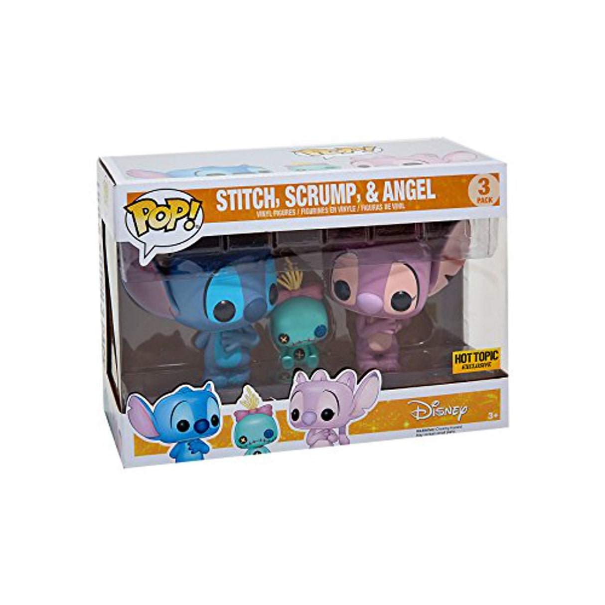 Funko Pop! Disney Stitch, Scrump & Angel 3-pack featuring exclusive figures from Shak's Pop Shop, perfect for Disney fans.