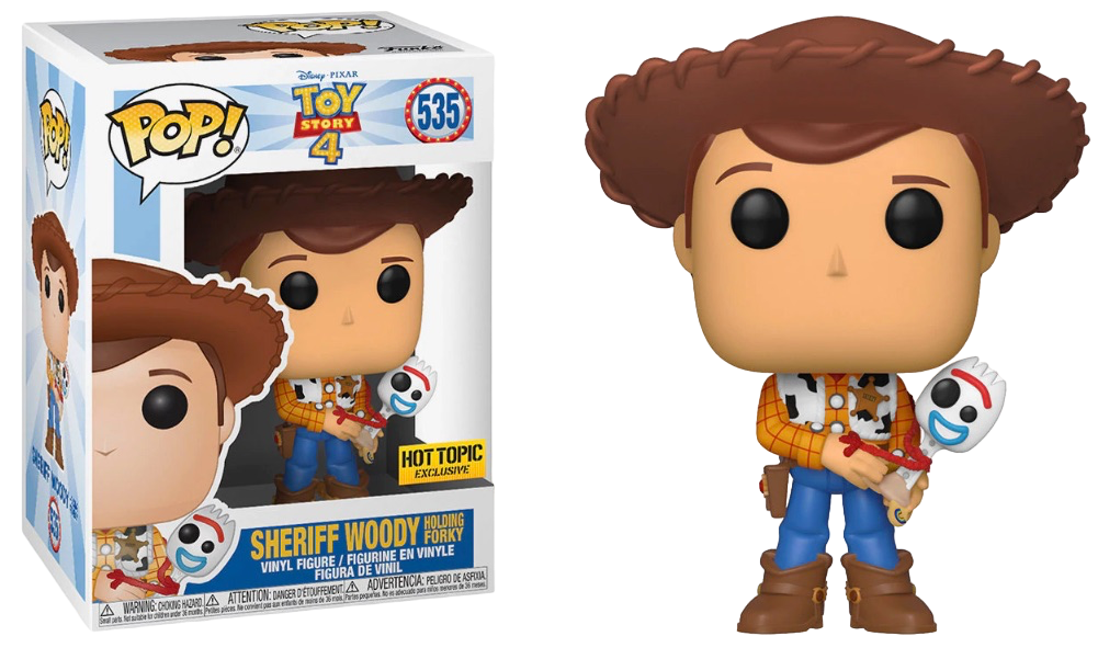 Funko Pop! Disney Toy Story 4 Sheriff Woody holding Forky figure, exclusive collectible with detailed character design.