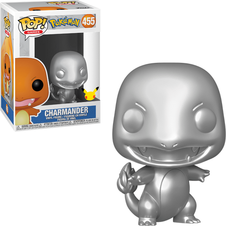 Silver metallic Charmander Funko Pop! figure from Pokémon, featuring a detailed collectible toy with a shiny finish.