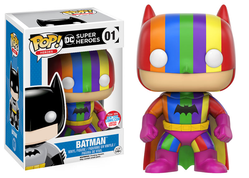 Funko Pop! Heroes Rainbow Batman figure with box imperfection, 2016 Fall Convention shared exclusive, collectible superhero toy.