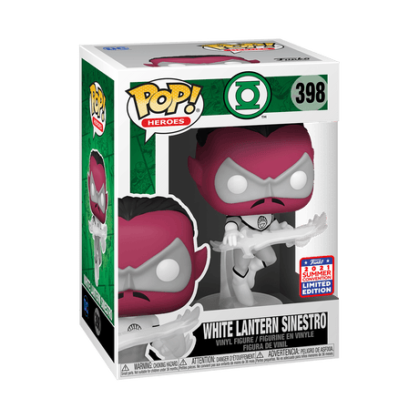 Funko Pop! Heroes White Lantern Sinestro figure from 2021 SDCC shared exclusive, with detailed white lantern costume and character features.