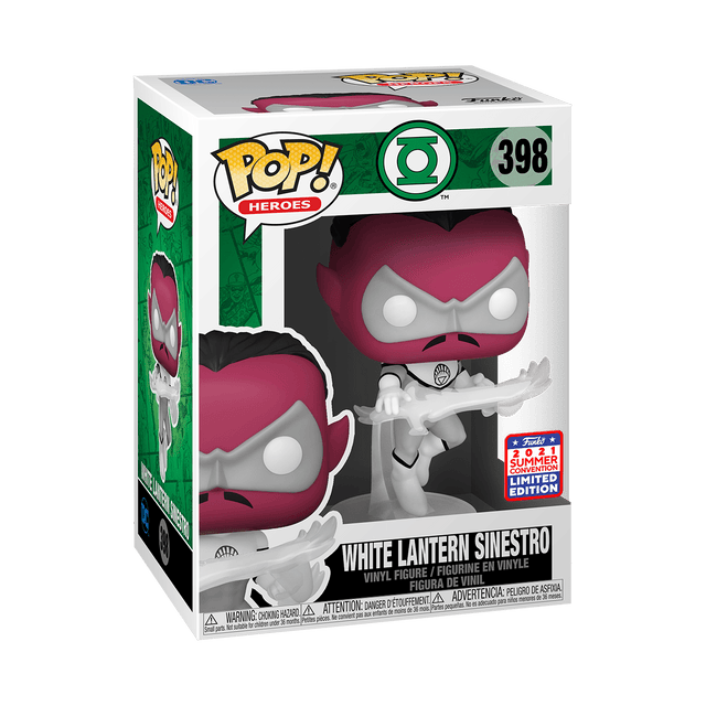 Funko Pop! Heroes White Lantern Sinestro figure from 2021 SDCC shared exclusive, with detailed white lantern costume and character features.