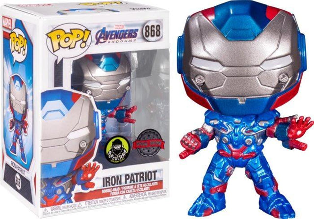 Funko Pop! Marvel Avengers End Game Iron Patriot figure in original box, collectible vinyl toy featuring detailed armor and helmet.