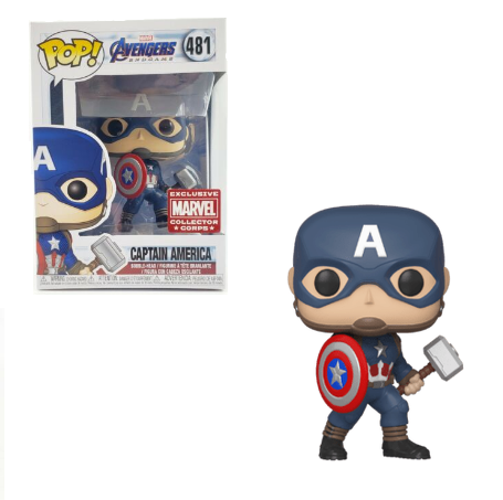 Funko Pop! Marvel Avengers Endgame Captain America figure with Mjolnir, Marvel Collector Corps exclusive, featuring detailed costume and shield.