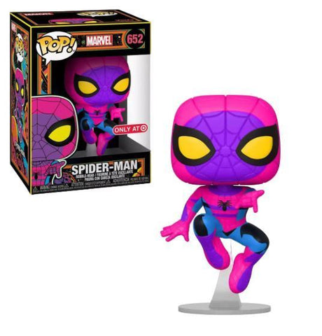 Funko Pop! Marvel Spider Man (Blacklight) figure, exclusive to Target, with vibrant blacklight-themed design and iconic Spider-Man pose.