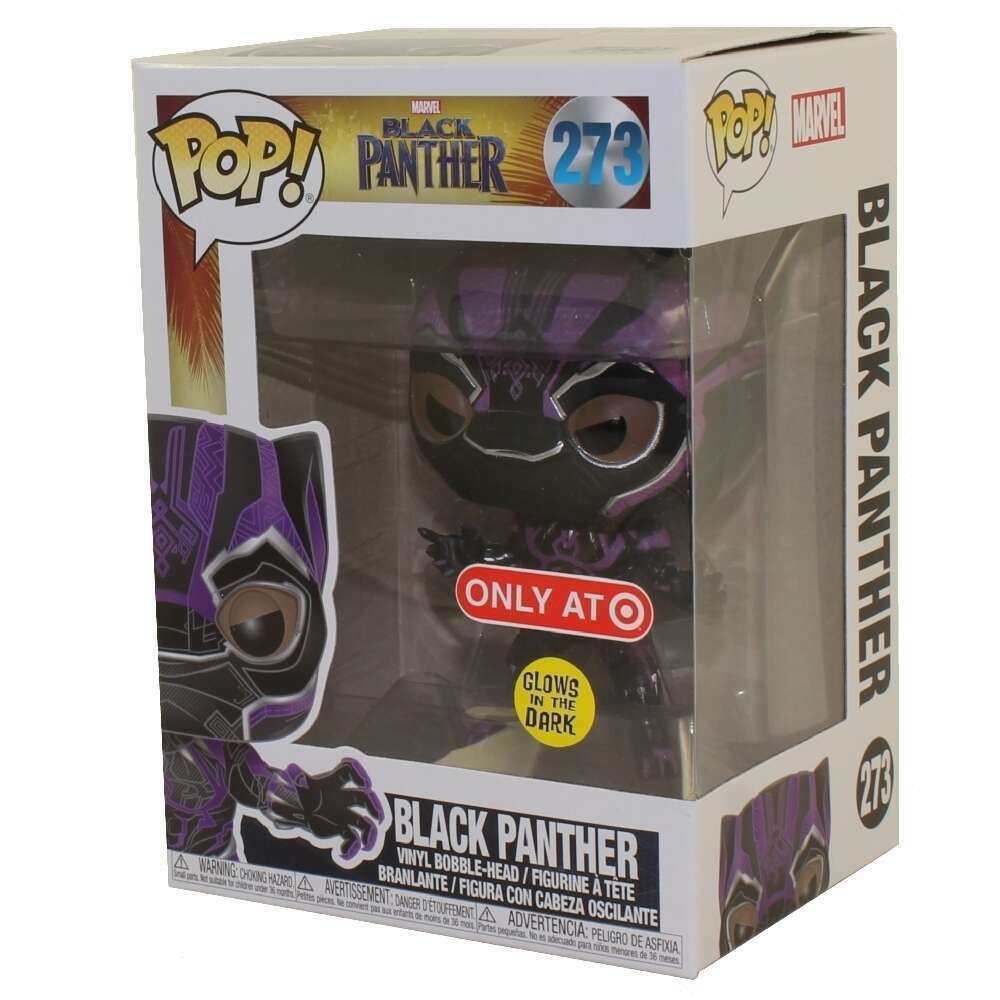 Funko Pop! Marvel Black Panther with purple glow, exclusive figure featuring Black Panther in a dynamic pose, from Shak's Pop Shop.