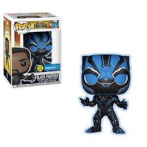 Funko Pop! Marvel Black Panther (Blue Glow) figure with glowing blue accents, displayed in its collectible packaging.