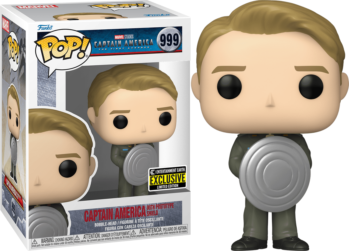 Funko Pop! Marvel Captain America with prototype shield figure, exclusive design, featuring detailed costume and iconic shield.