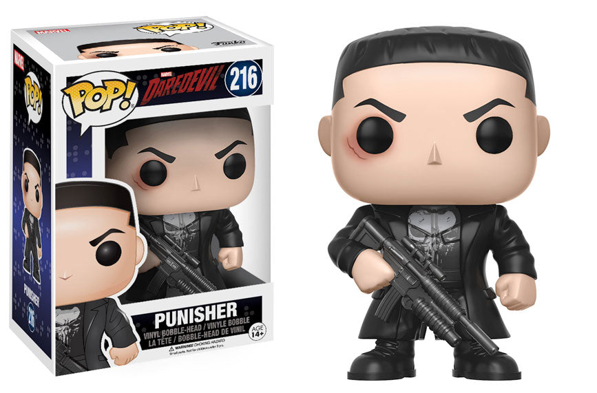 Funko Pop! Marvel Daredevil and Punisher figures from Shak's Pop Shop, featuring stylized collectible vinyl characters.