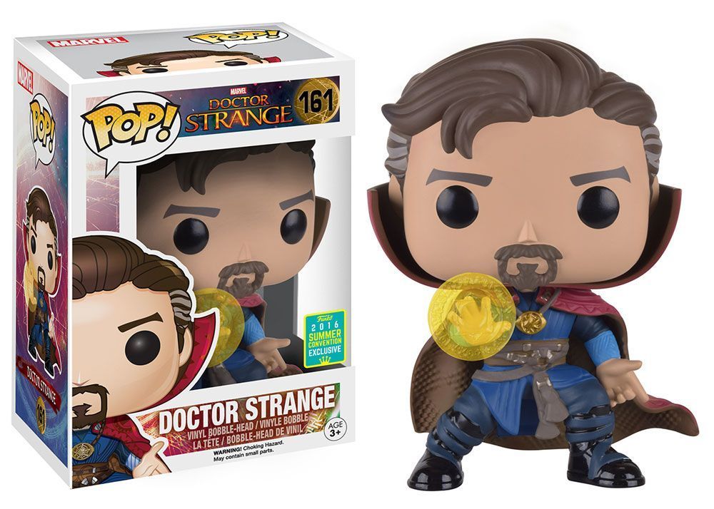 Funko Pop! Marvel Doctor Strange with Rune figure from 2016 Summer Convention, featuring box imperfection, collectible toy by Shak's Pop Shop