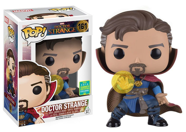Funko Pop! Marvel Doctor Strange with Rune figure from 2016 Summer Convention, featuring box imperfection, collectible toy by Shak's Pop Shop