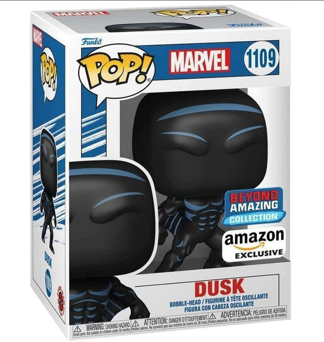 Funko Pop! Marvel Dusk figure, Amazon Exclusive, featuring stylized vinyl toy with detailed superhero costume and pose.