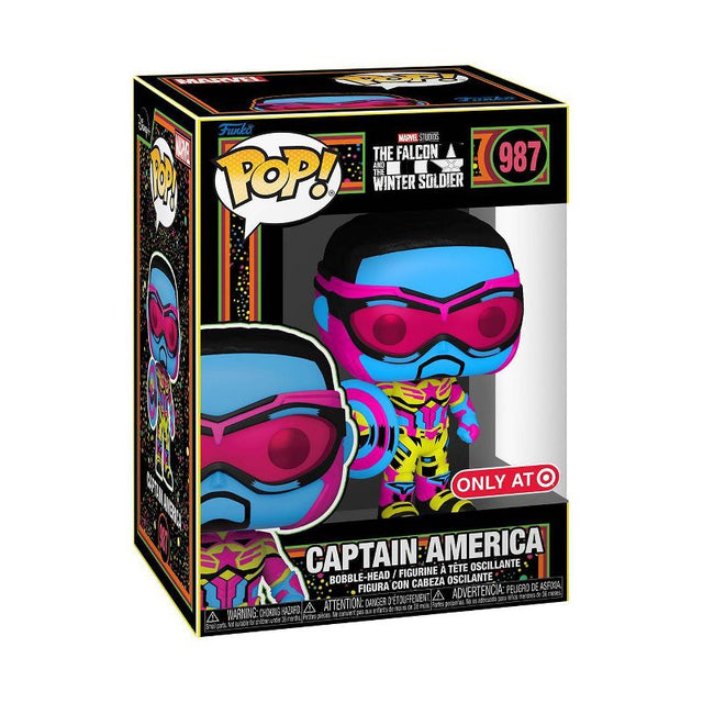 Funko Pop! Marvel Captain America Black Light figure from Falcon & Winter Soldier, exclusive collectible with vibrant black light design