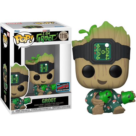 Funko Pop! Marvel: I Am Groot figure with NYCC con sticker, featuring Groot in a playful pose, from Shak's Pop Shop.