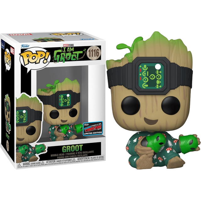 Funko Pop! Marvel: I Am Groot figure with NYCC con sticker, featuring Groot in a playful pose, from Shak's Pop Shop.