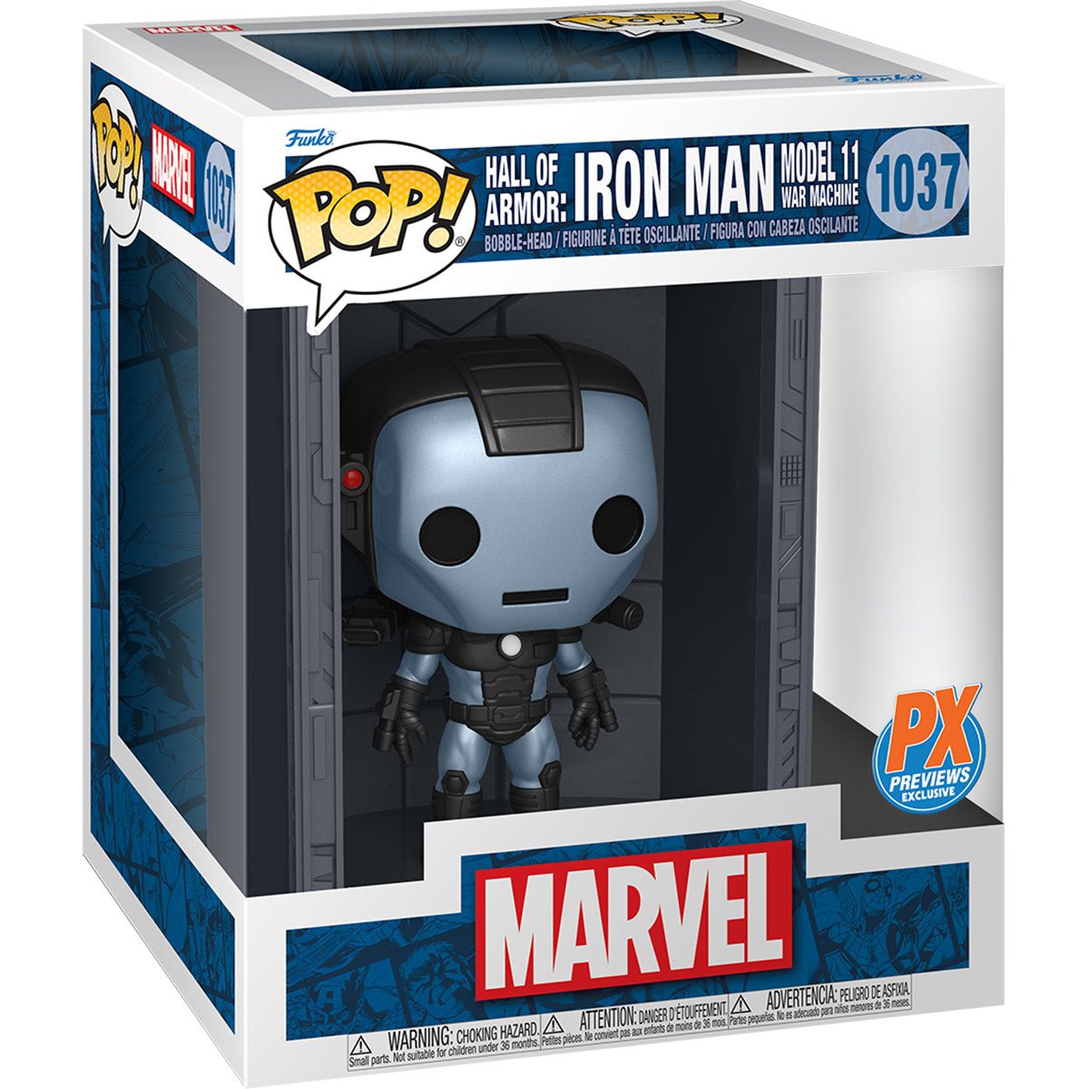Funko Pop! Marvel Iron Man Hall of Armor Model 11 War Machine figure, PX Exclusive, collectible toy in colorful packaging.