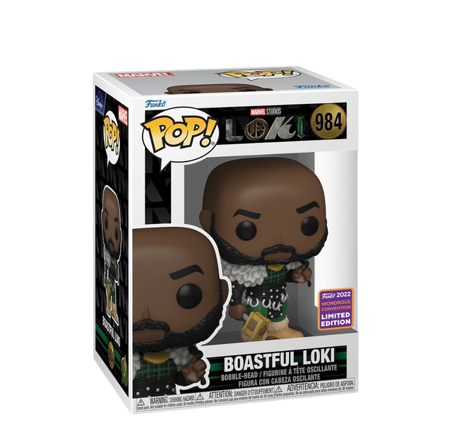 Funko Pop! Marvel Loki Boastful Loki figure, 2022 WonderCon shared exclusive, featuring detailed Loki character design.