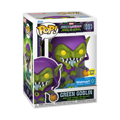 Funko Pop! Marvel Monster Hunters Green Goblin glow figure with box imperfection, collectible toy from Shak's Pop Shop.
