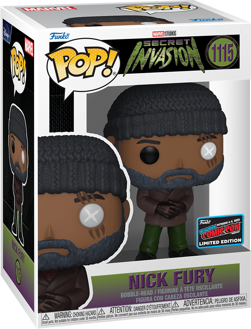 Funko Pop! Marvel Secret Invasion Nick Fury figure with NYCC con sticker, collectible toy from Shak's Pop Shop.