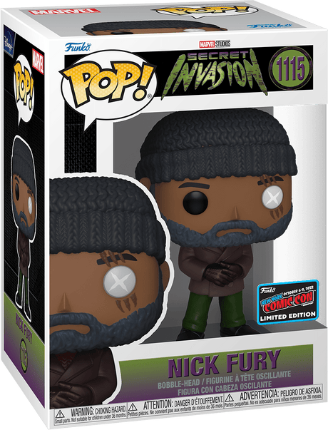Funko Pop! Marvel Secret Invasion Nick Fury figure with NYCC con sticker, collectible toy from Shak's Pop Shop.