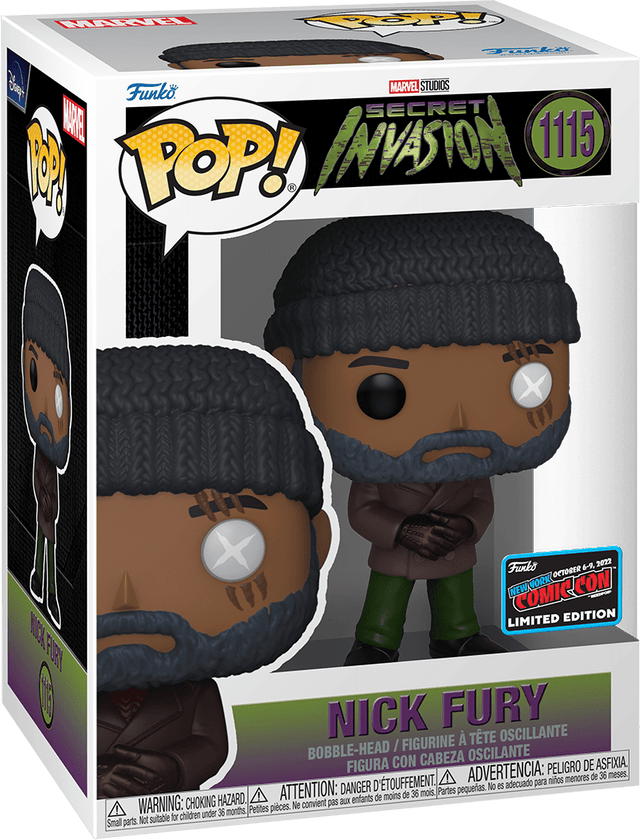 Funko Pop! Marvel Secret Invasion Nick Fury figure with NYCC con sticker, collectible toy from Shak's Pop Shop.