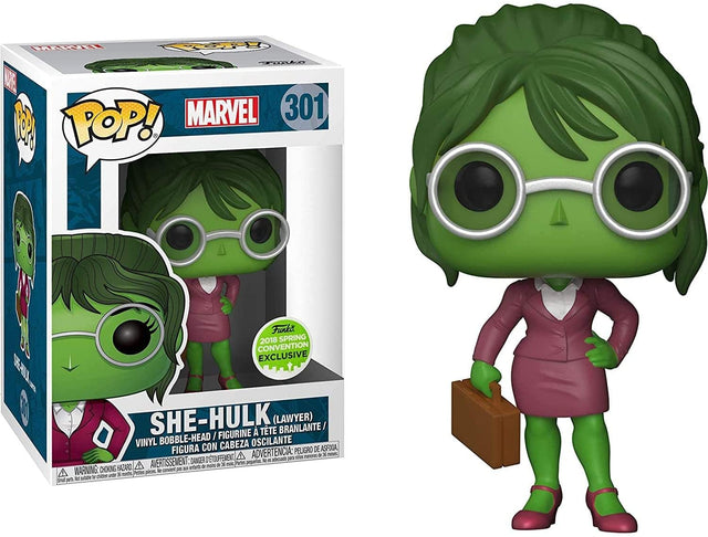 Funko Pop! Marvel She-Hulk Lawyer figure from 2018 Spring Convention, featuring She-Hulk in lawyer attire, collectible vinyl figure.