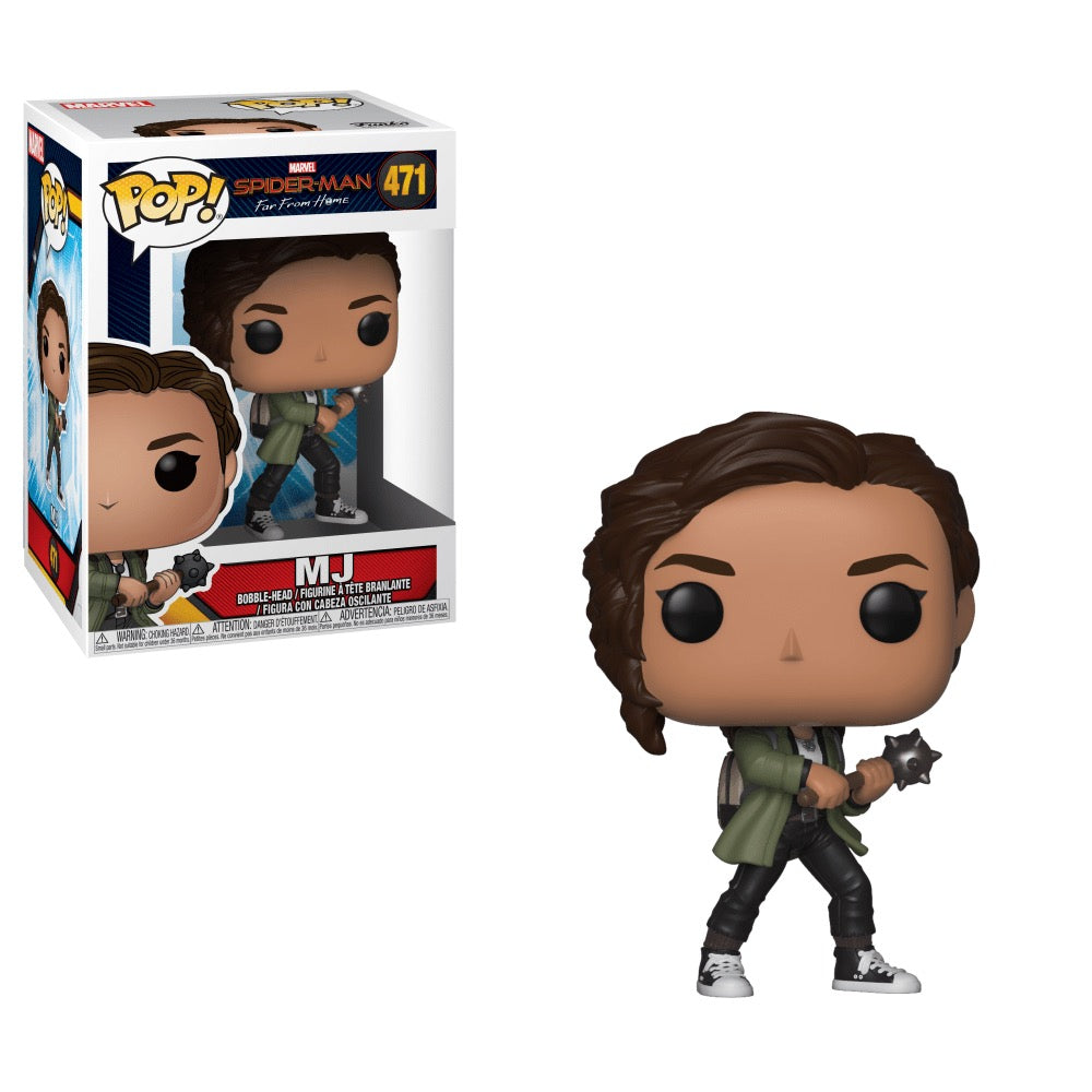 Funko Pop! Marvel Spider-Man Far From Home MJ figure with detailed costume and expressive face, collectible toy from Shak's Pop Shop