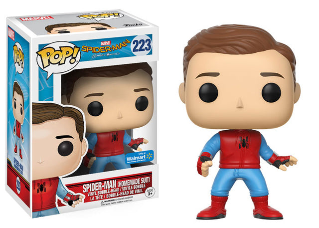Funko Pop! Marvel Spider-Man Homecoming in homemade suit figure, collectible toy from Shak's Pop Shop, Walmart exclusive style.