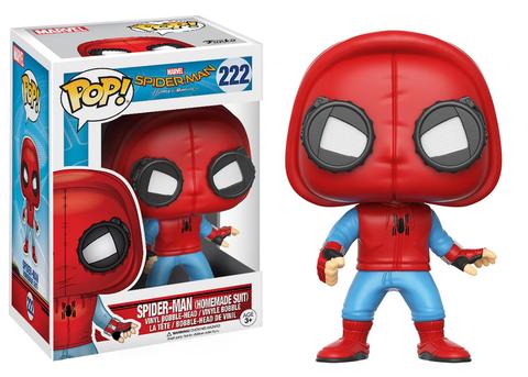 Funko Pop! Marvel Spider-Man No Way Home figure in homemade suit, collectible toy featuring Spider-Man with detailed costume design.