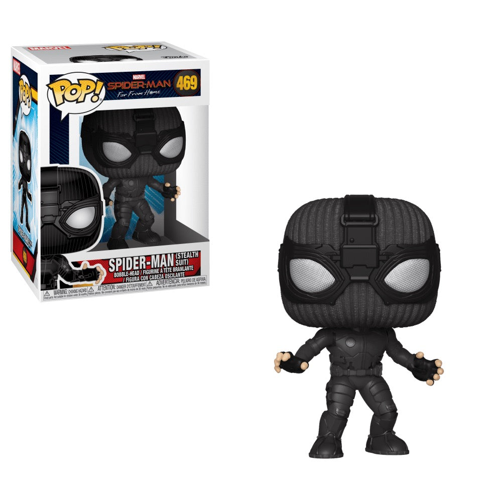 Funko Pop! Marvel Spider-Man Stealth Suit figure with detailed black and red costume, collectible vinyl toy from Shak's Pop Shop