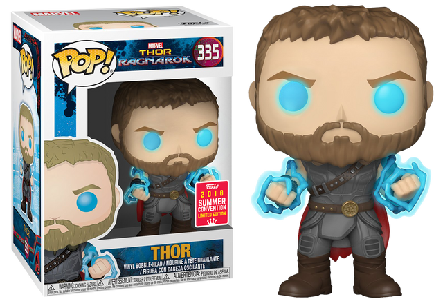 Funko Pop! Marvel Thor Odin Force figure from 2018 Summer Convention, featuring Thor with glowing Odin Force power.