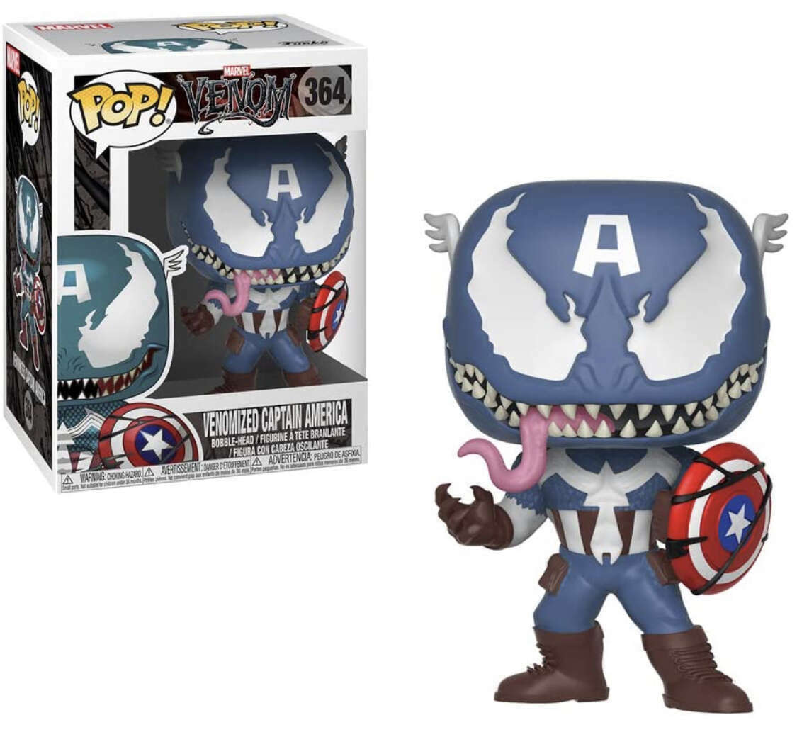 Funko Pop! Marvel Venomized Captain America figure with detailed design and vibrant colors, collectible toy from Shak's Pop Shop.