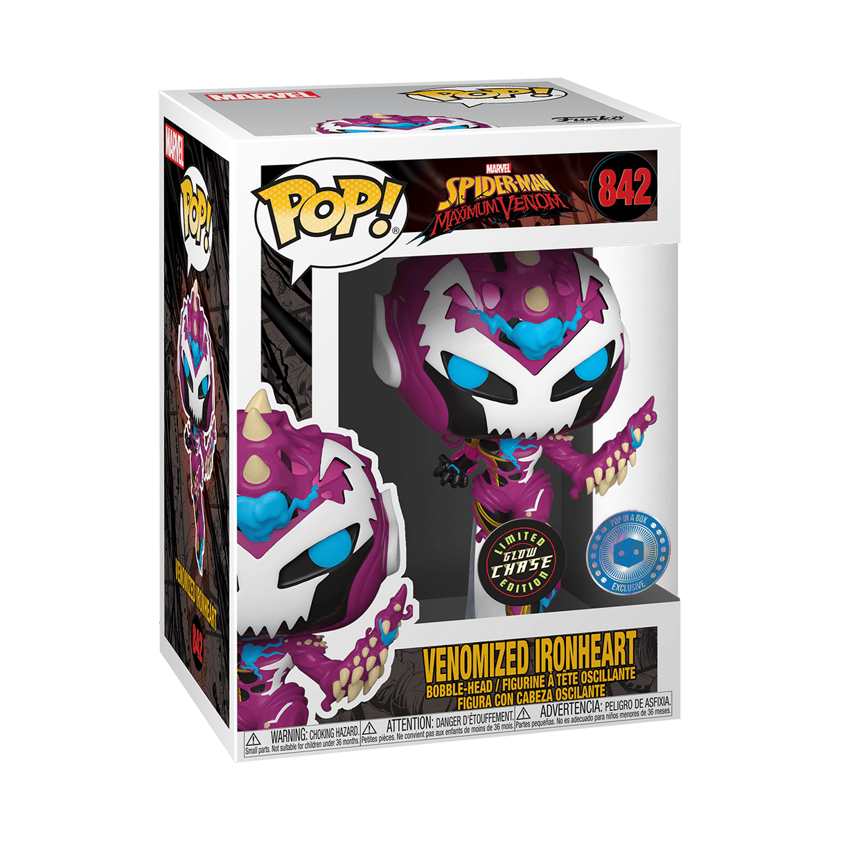 Funko Pop! Marvel Venomized Ironheart glow chase figure with detailed design, exclusive to PIAB, featuring vibrant colors and dynamic pose.