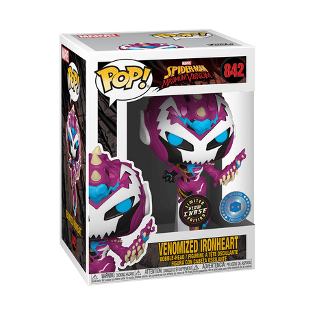 Funko Pop! Marvel Venomized Ironheart glow chase figure with detailed design, exclusive to PIAB, featuring vibrant colors and dynamic pose.