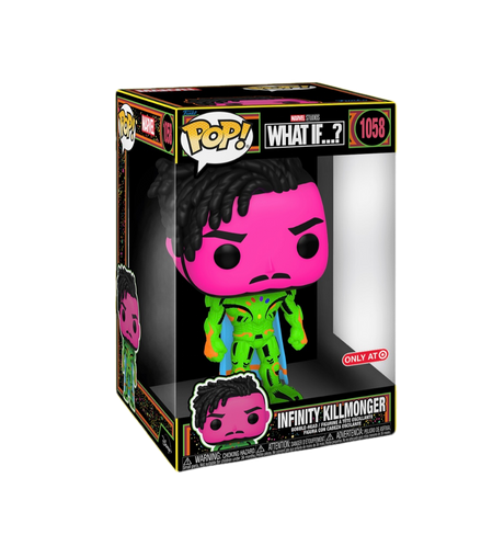 Funko Pop! Marvel What If? Infinity Killmonger Black Light Jumbo 10" figure with box imperfection, exclusive to Target.