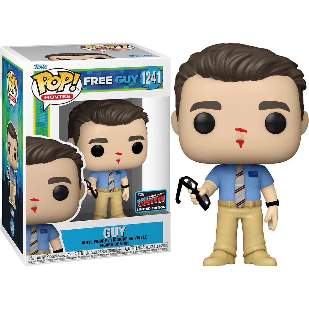 Funko Pop! Movies: Free Guy Guy figure with 2022 NYCC Con sticker, collectible toy from Shak's Pop Shop, detailed character design