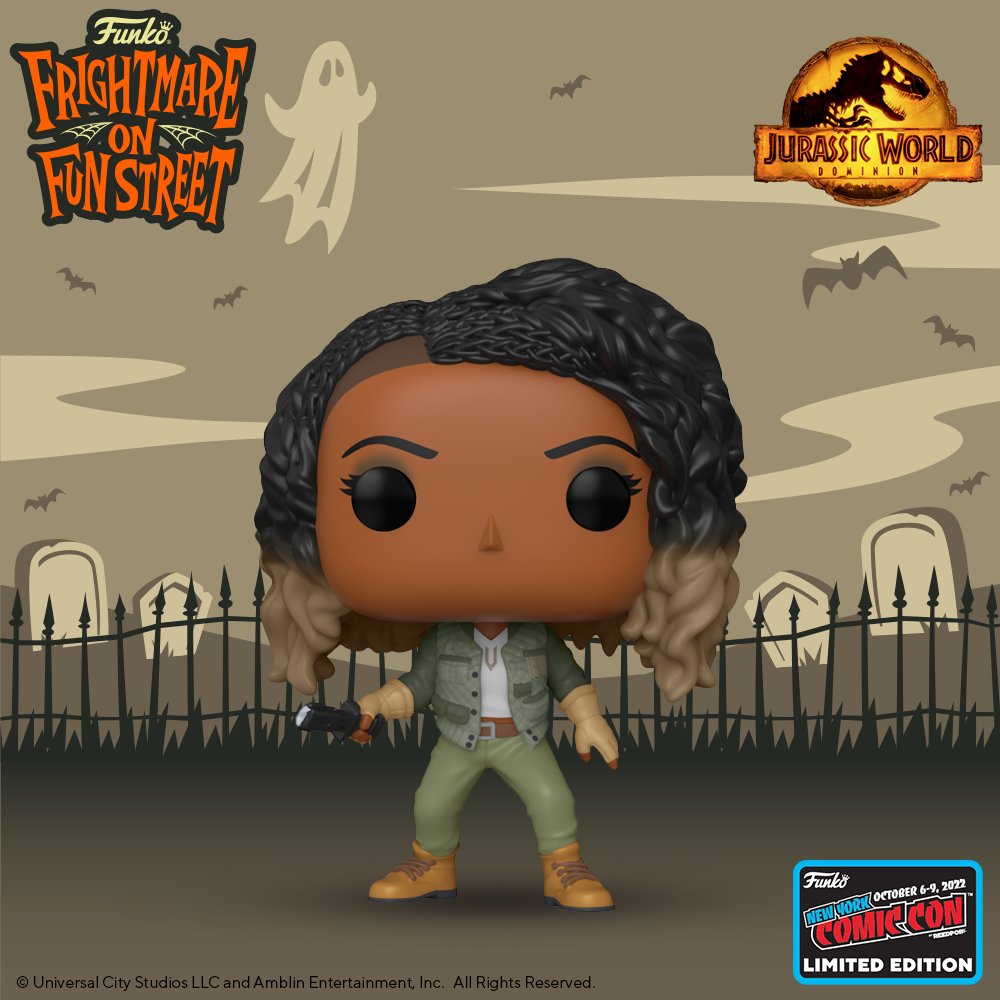 Funko Pop! Jurassic World Dominion Kayla figure with NYCC Con sticker, collectible toy from Shak's Pop Shop